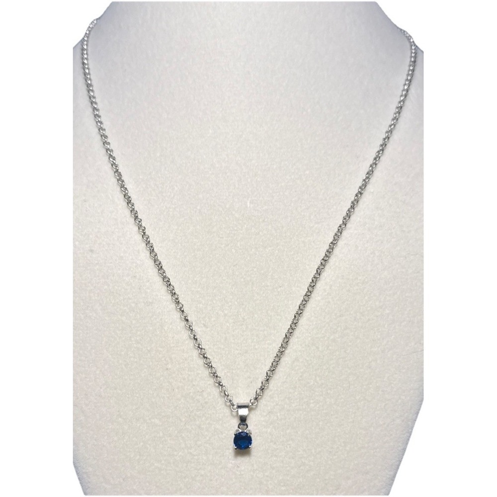 Silver Tone Chain Necklace with Blue Rhinestone Pendant Vtg J-8N